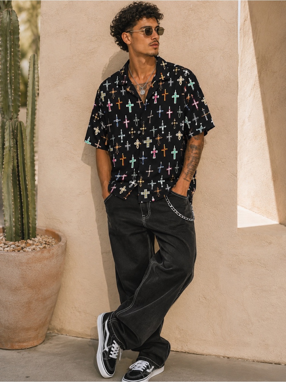 Fresh Prints of Bel-Air Cross Print Button up Shirt Large Y2K Streetwear